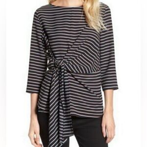 4/$20 Gibson XL Black Brown Blue White Striped Asymmetrical Tie Front Blouse Top